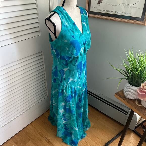 Vintage DRESSBARN Dress Womens 16 Teal Blue Chiffon Maxi Retro Flowy Fairycore - Picture 4 of 11